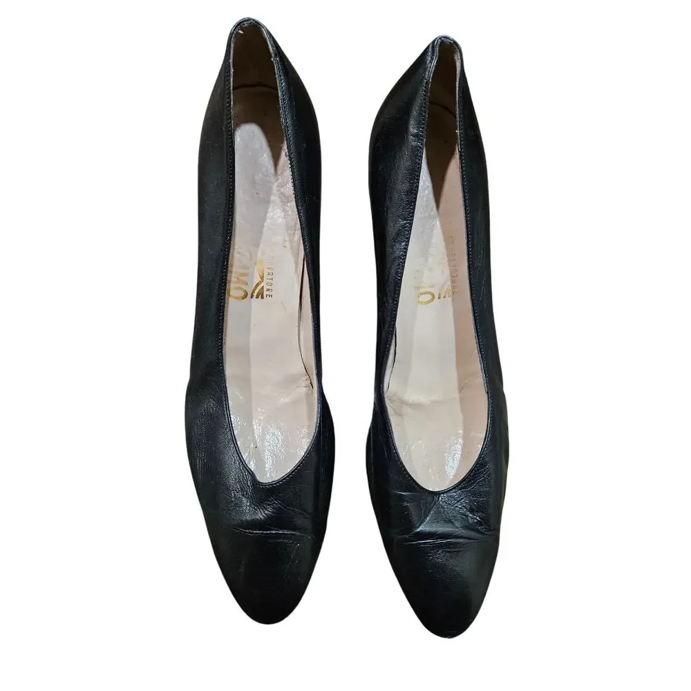 Vintage Ferragamo Classic Black Leather Mid Heel Pumps Size 9.5 D